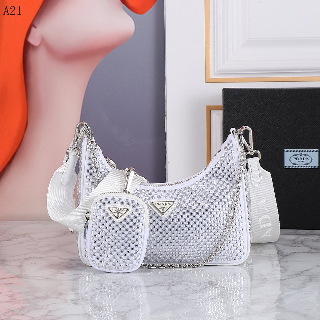 Pr4da + A21 + Crystal-Embellished White Shoulder Bag #1771