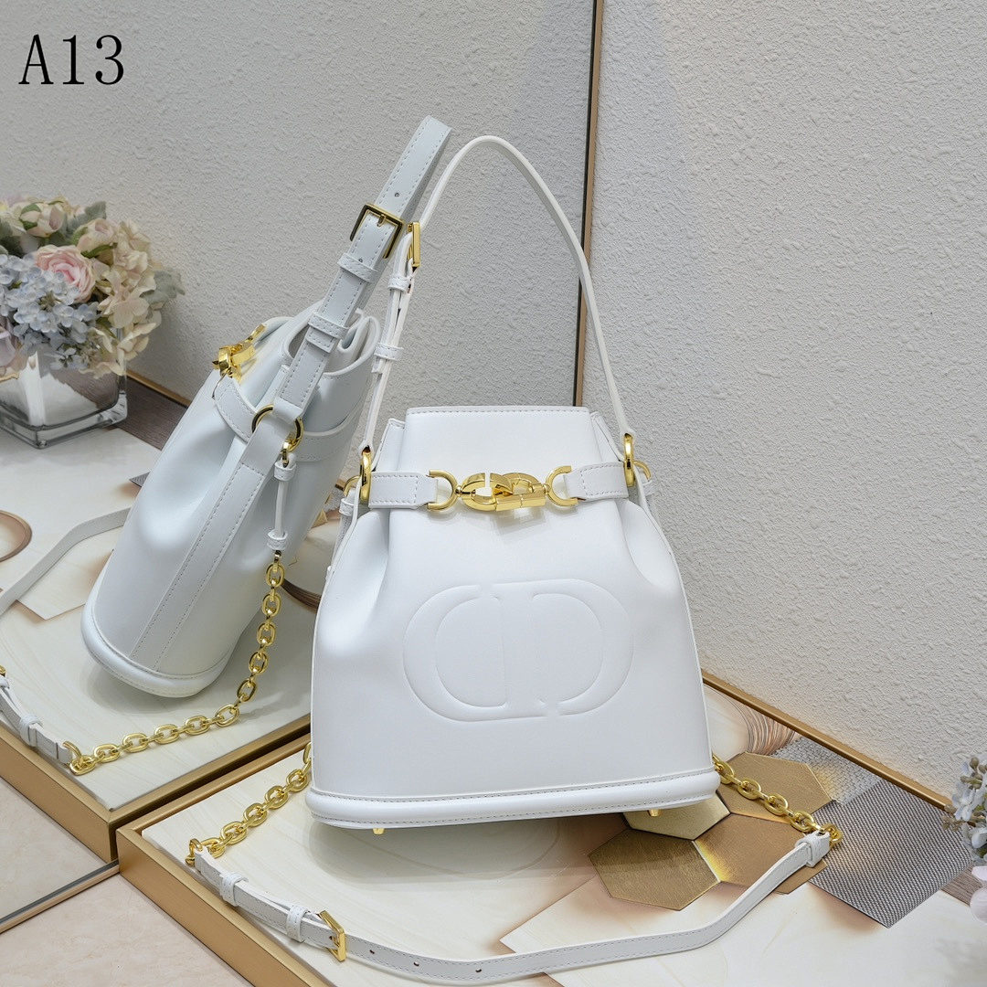 A13 White Leather Bucket Bag with Gold Hardware #2070