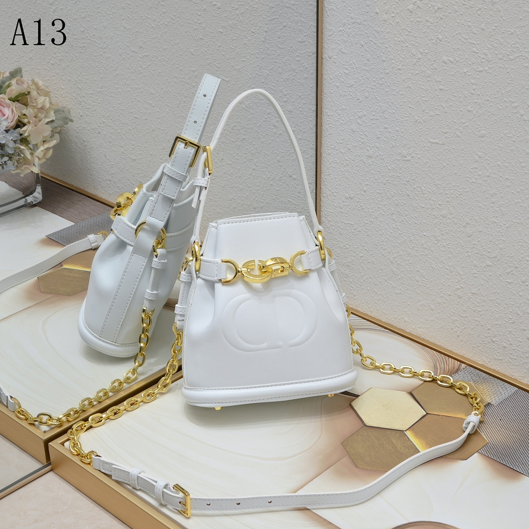 A13 White Leather Bucket Bag with Gold Chain #2100