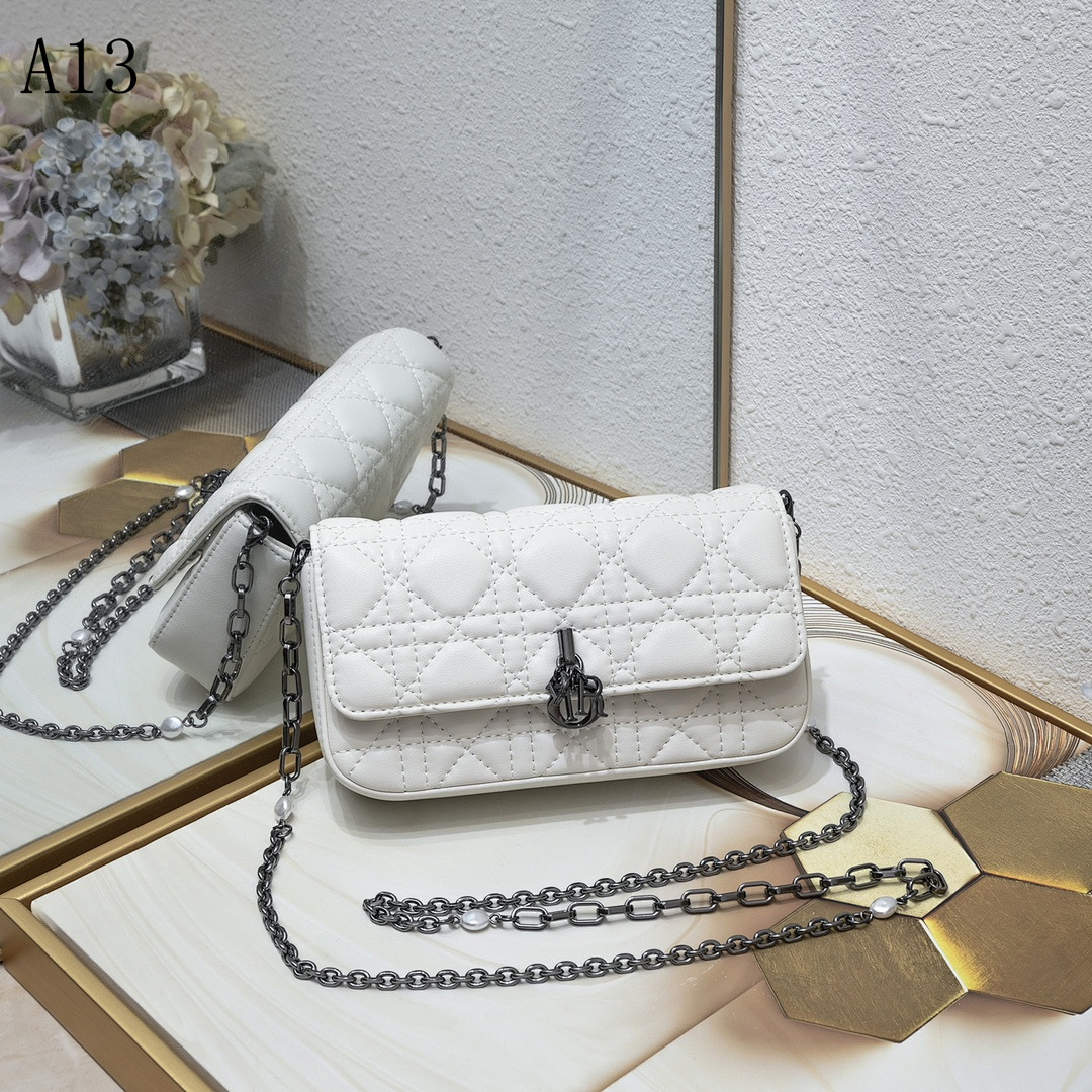 Diiior + Lady Diiior + White Quilted Leather Shoulder Bag #1235