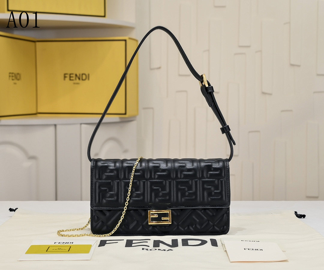 FENDI Baguette FF Logo Quilted Leather Shoulder Bag #2395