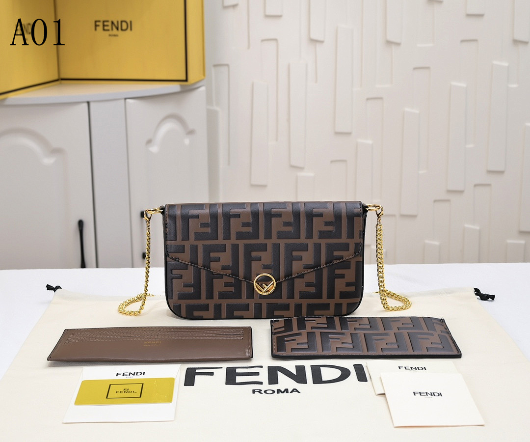 FENDI Baguette FF Logo Chain Crossbody Bag #2553