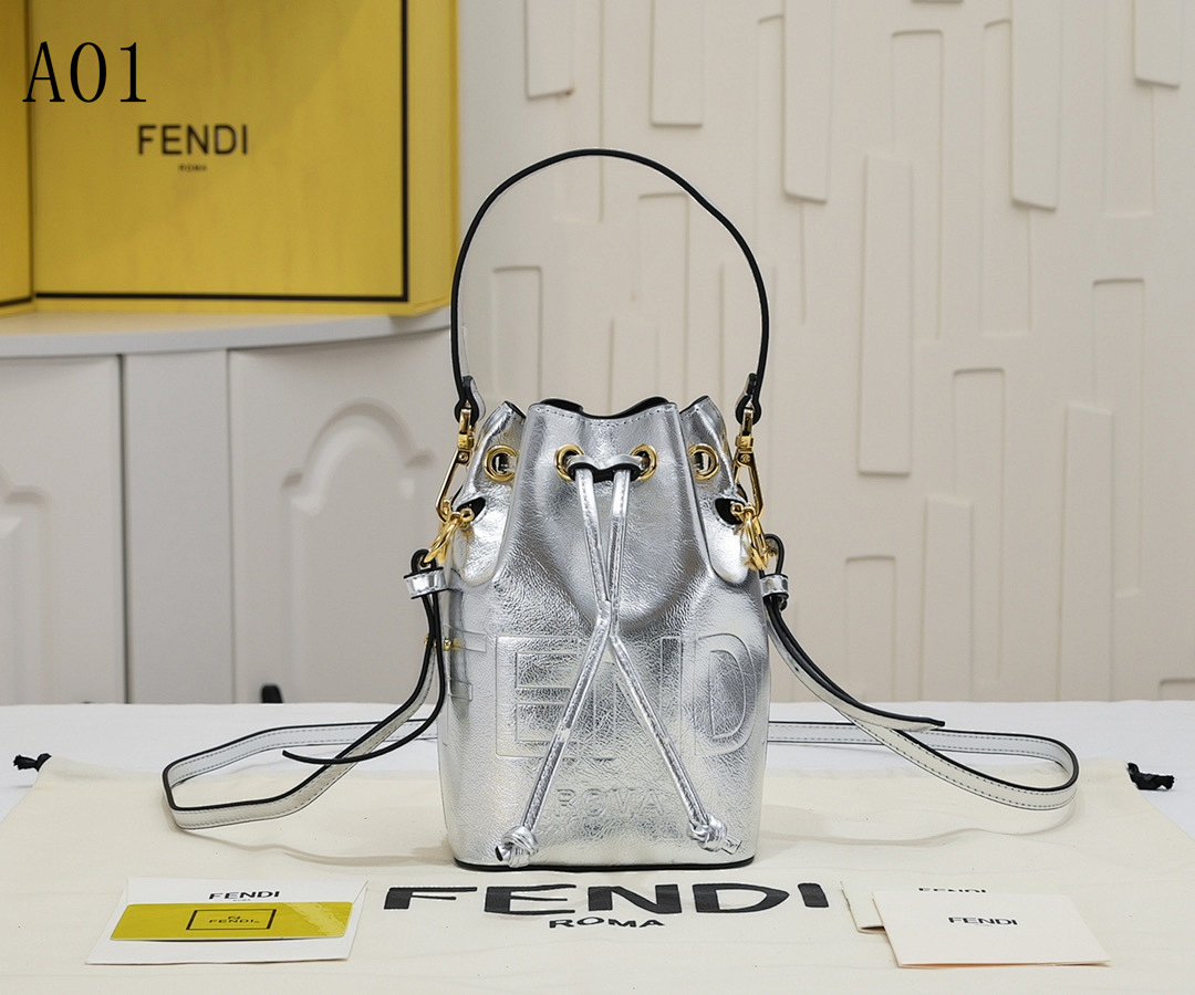 FENDII + A01 + Silver Metallic Drawstring Bucket Bag #2327 1 FENDI + A01 + Silver Metallic Drawstring Bucket Bag #2327