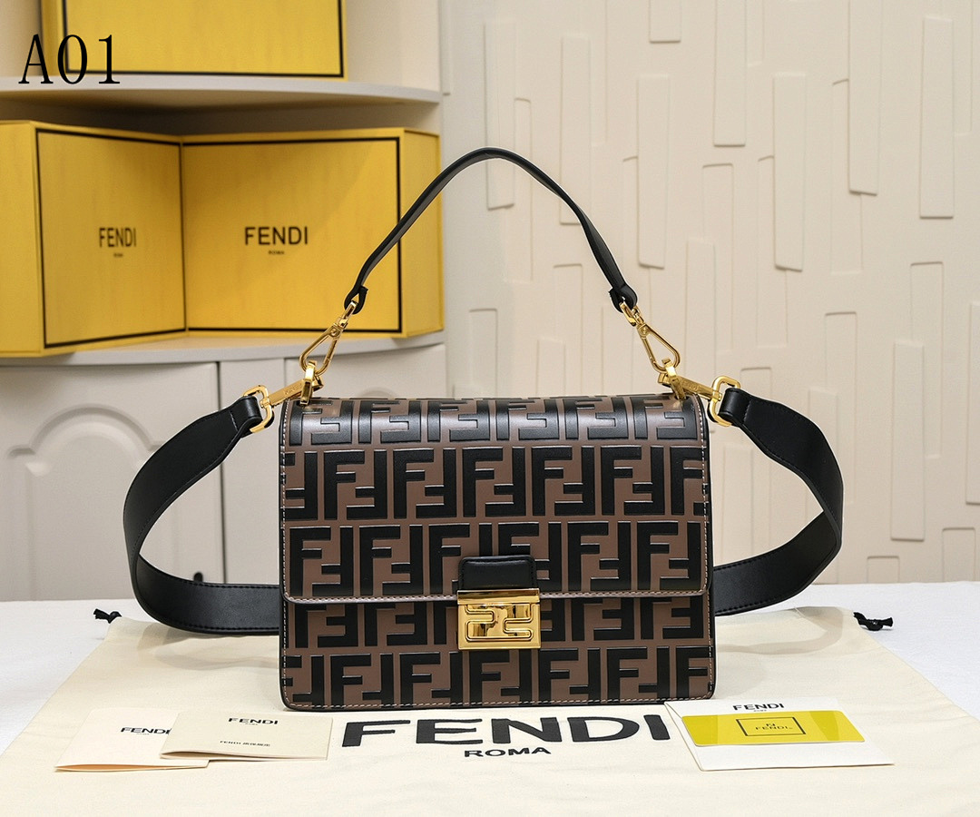 FENDI Baguette FF Logo Leather Shoulder Bag #2488