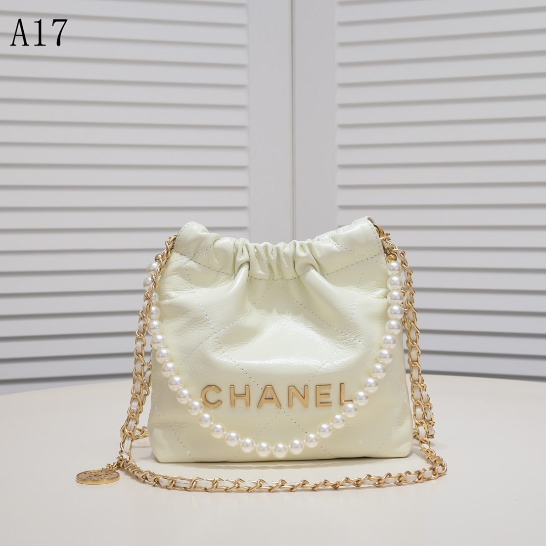 Chan3l A17 Pearl-Embellished Quilted Drawstring Bag #2835