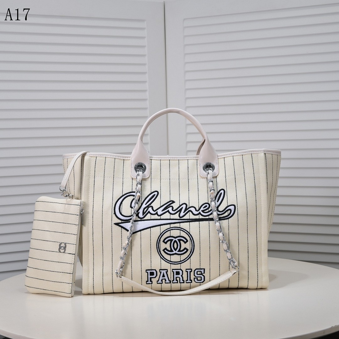 Chan3l – A17 – Striped Canvas Tote Bag with Chain Strap #2627
