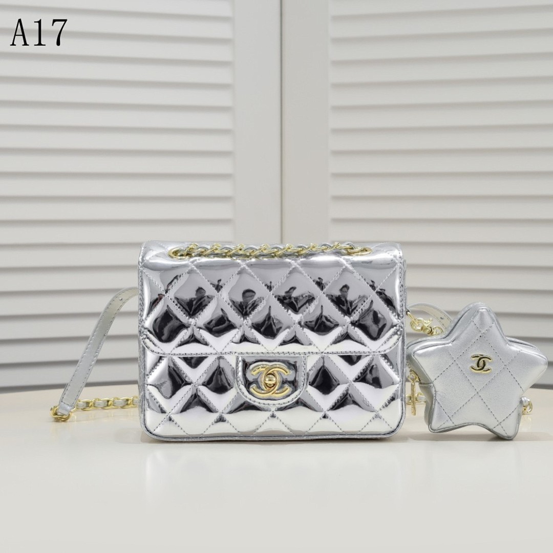 Chan3l Classic Quilted Silver Patent Leather Shoulder Bag with Star Charm #2806 1 Chan3l Classic Quilted Silver Patent Leather Shoulder Bag with Star Charm #2806