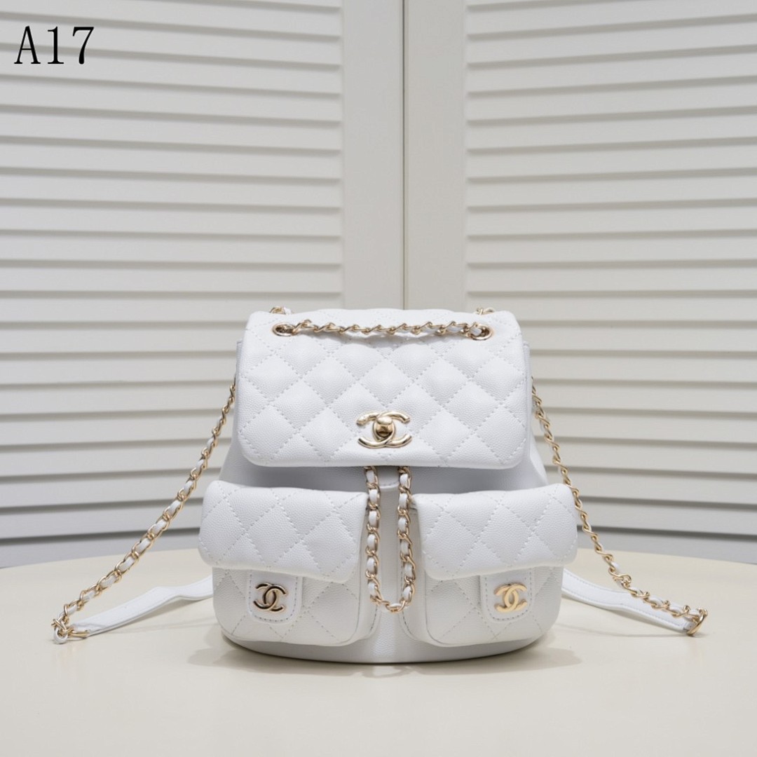Chan3l A17 Quilted White Leather Backpack #2990