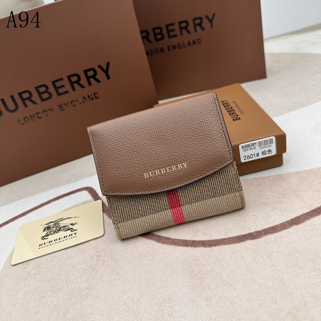 Burberyy – 2601# Brown Check and Leather Fold Wallet #3216