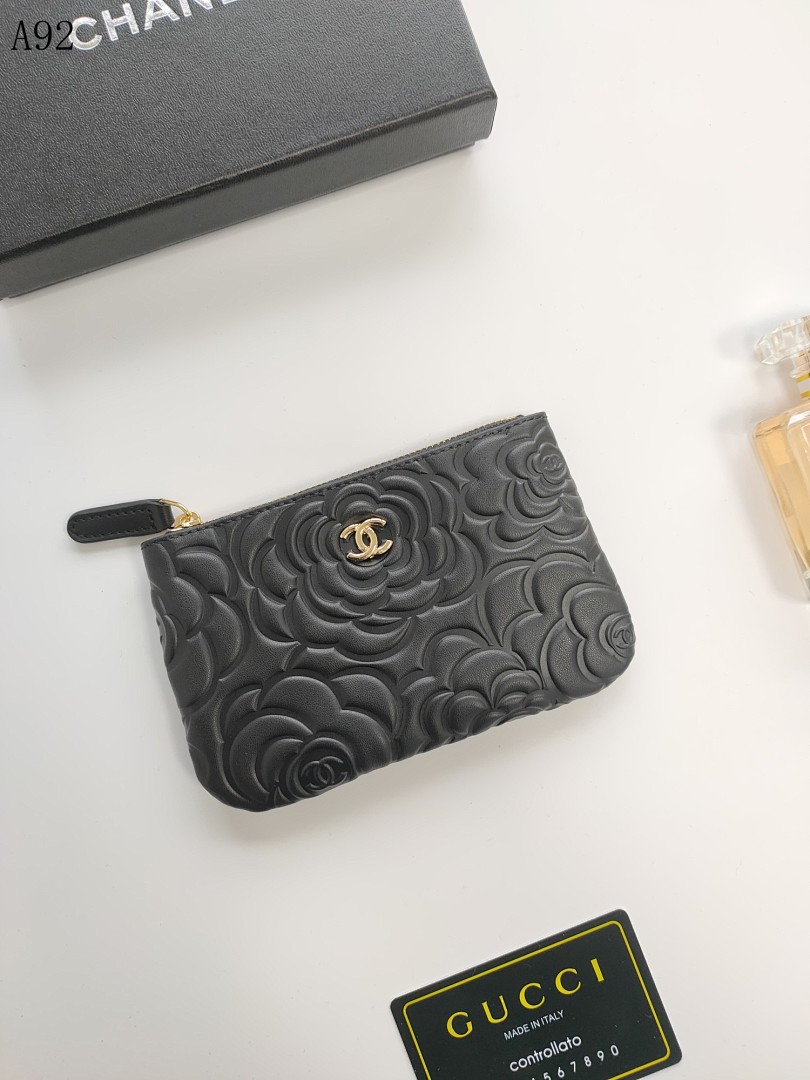 Chan3l Camellia Embossed Leather Zip Pouch #778 1 Chan3l Camellia Embossed Leather Zip Pouch #778