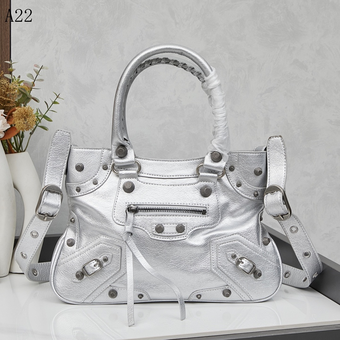 Balensiaga + A22 + Silver Metallic Leather Bag #6131