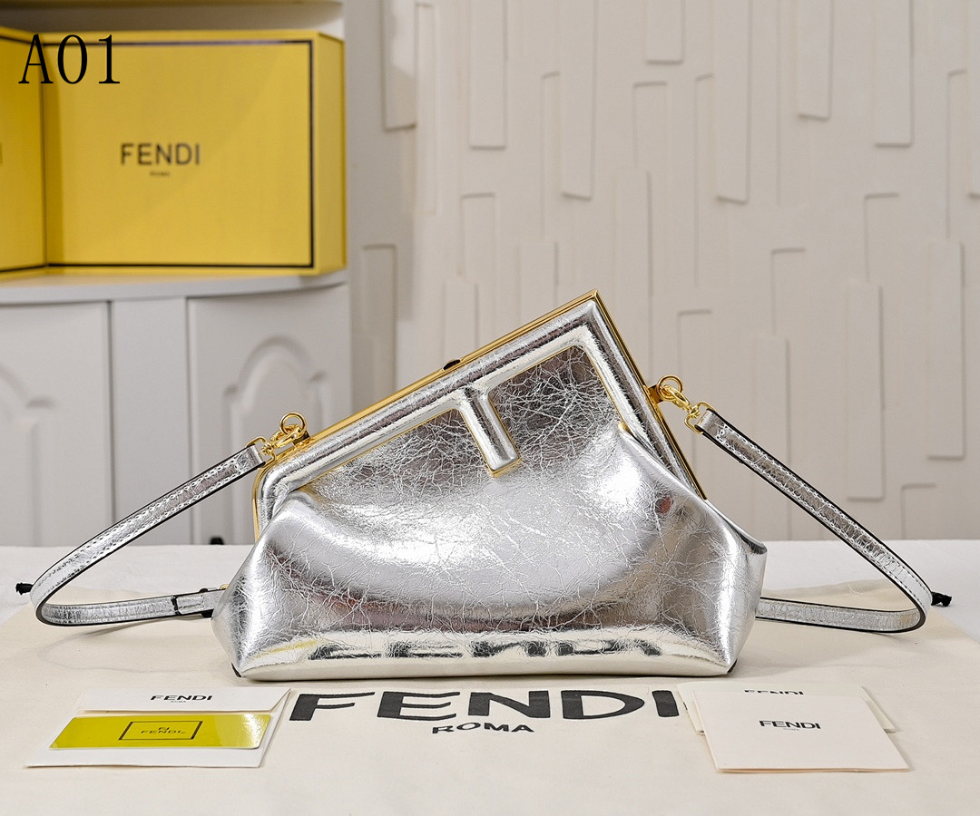 FENDI Baguette Silver Metallic Leather Shoulder Bag #2452