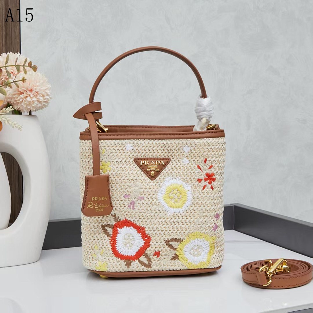 Pr4da R-Edition Woven Floral Bucket Bag #1625