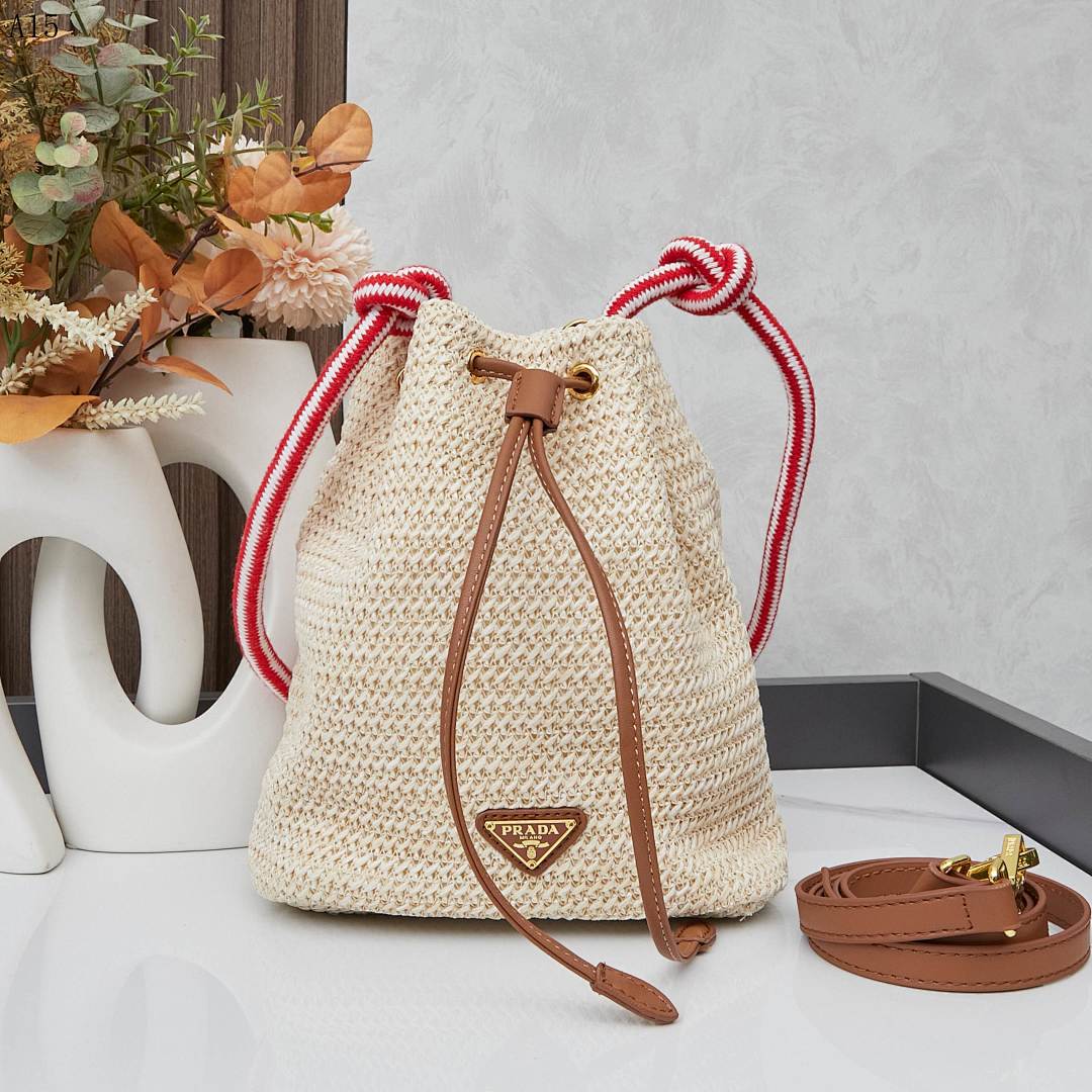 Pr4da Re-Edizione Raffia Drawstring Bag #1686