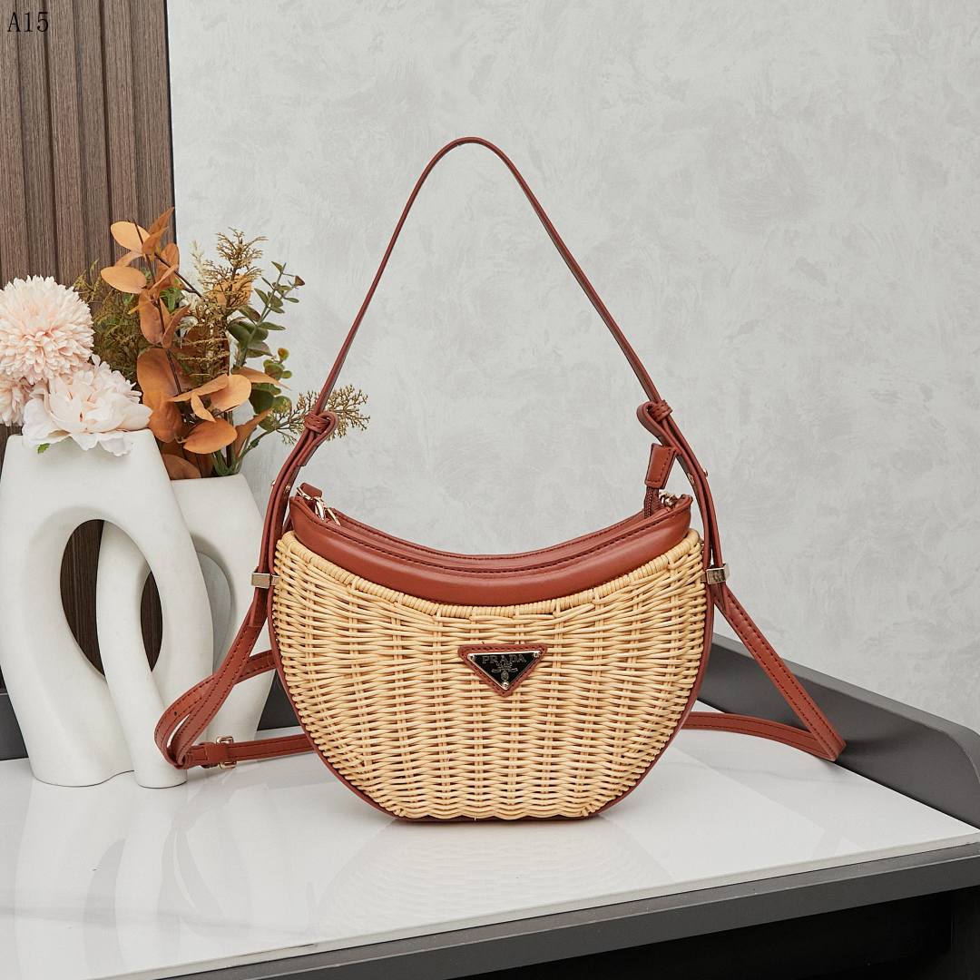 Pr4da + Rattan Half-Moon Shoulder Bag #1576