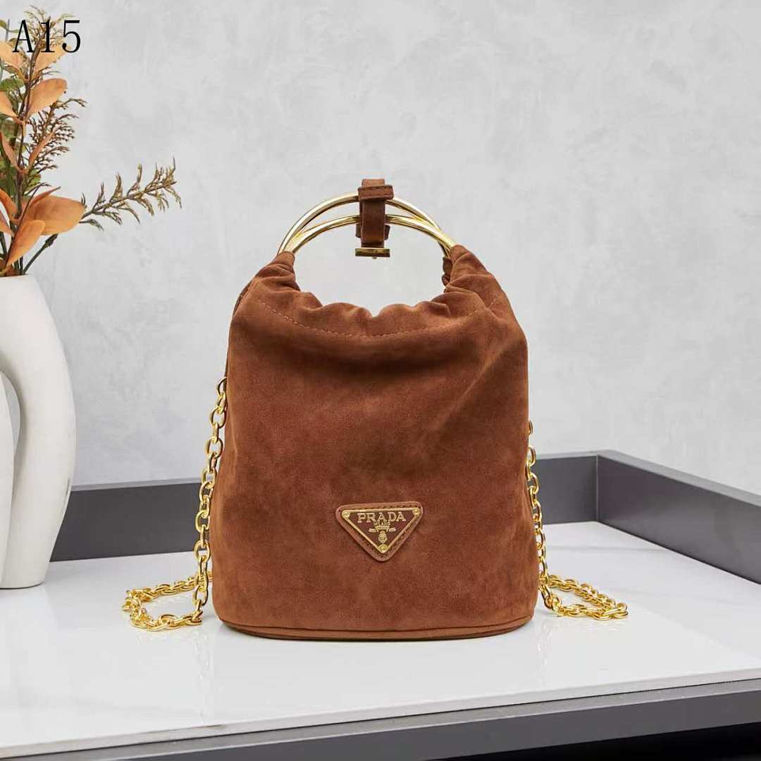 Pr4da Suede Bucket Bag with Gold Chain Strap #1960