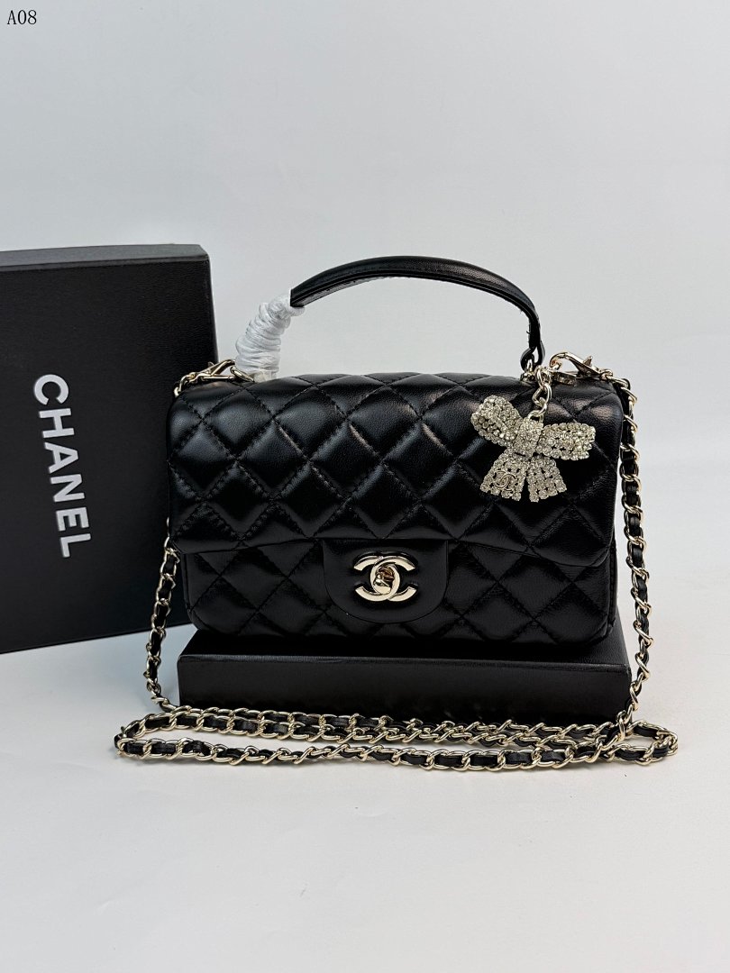 Chan3l Classic Flap Bag with Crystal Bow Charm #2677