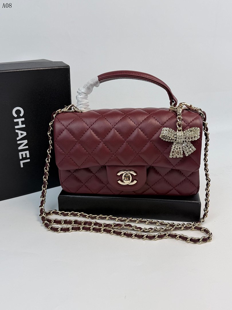 Chan3l Classic Flap Bag with Crystal Bow Charm #3017