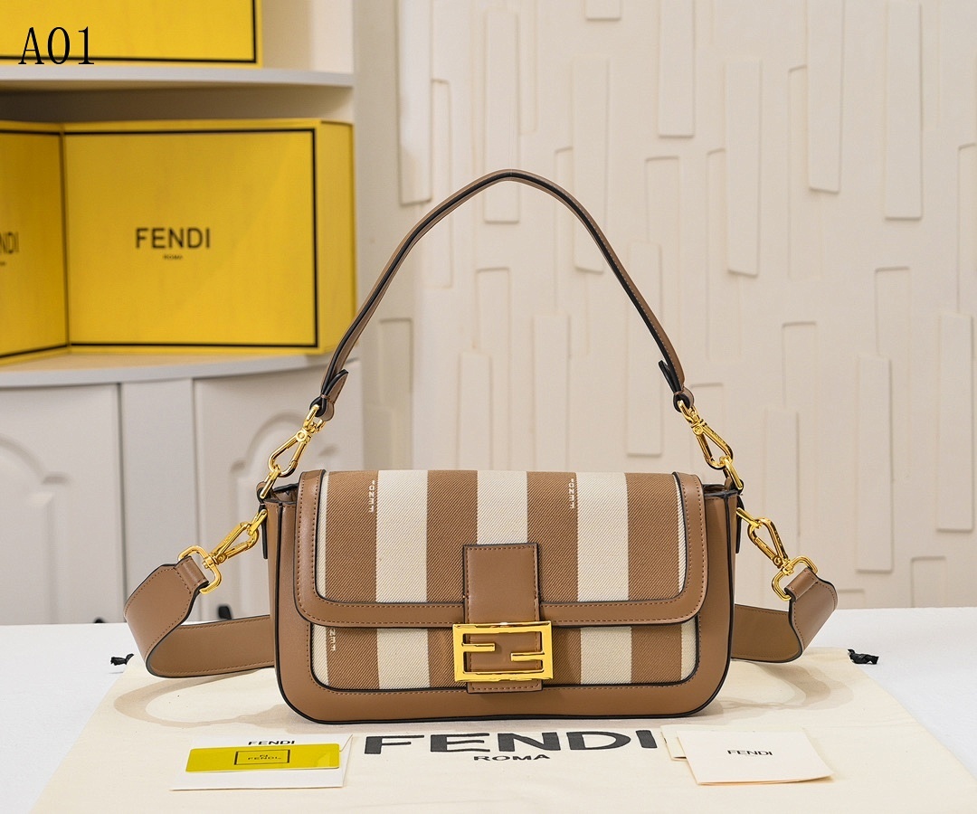 FENDI Baguette Striped Canvas Shoulder Bag #2336