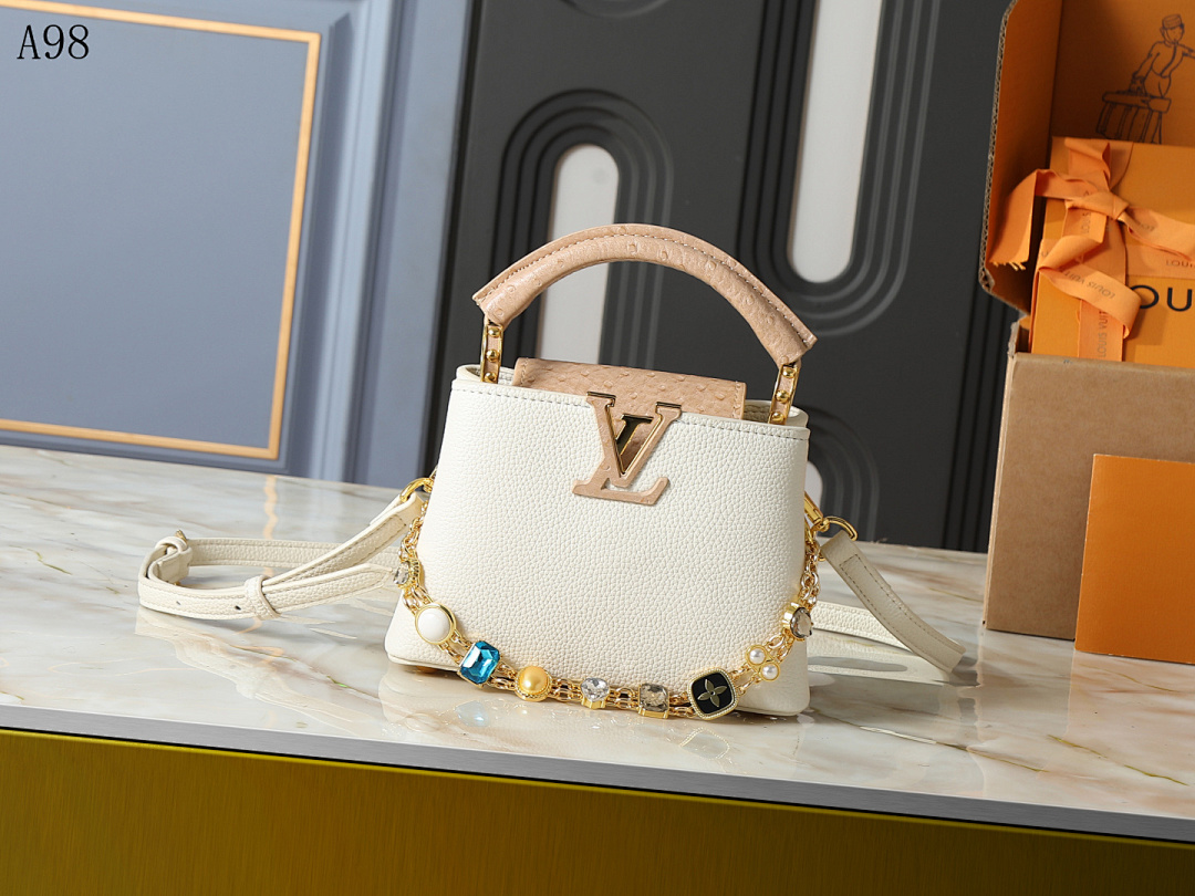 LVutton + Capucines BB + White Taurillon Leather Bag #1097