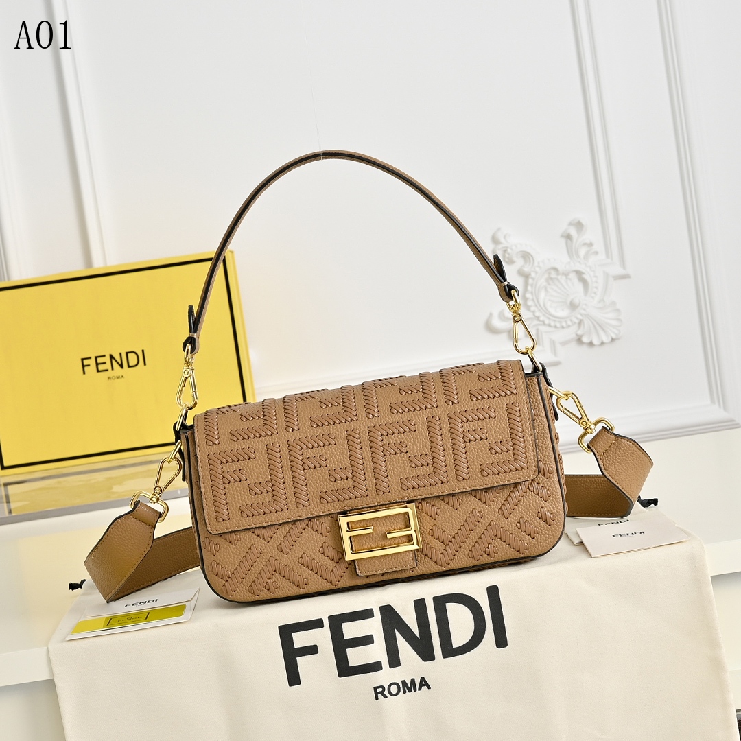 FENDI Baguette – Tan Embossed Logo Shoulder Bag #1328
