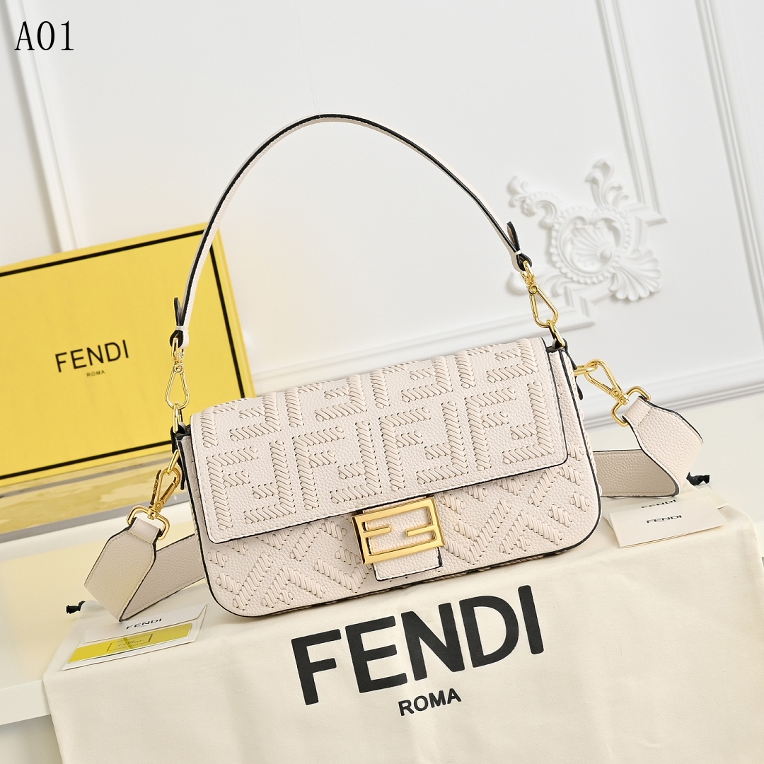 FENDI – Baguette – White FF Embossed Leather Shoulder Bag #1327