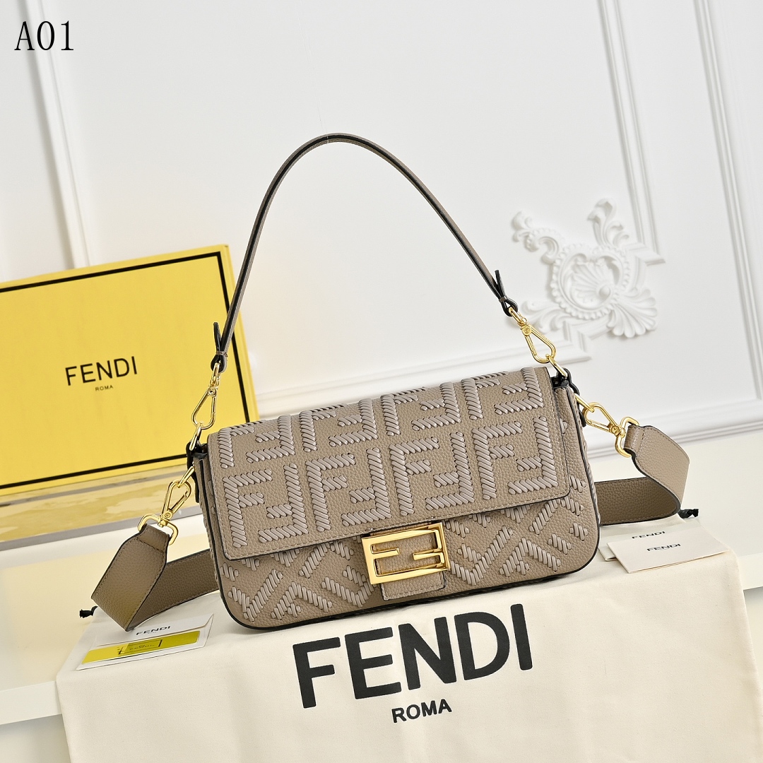 FENDI Baguette FF Embroidered Leather Shoulder Bag #1326