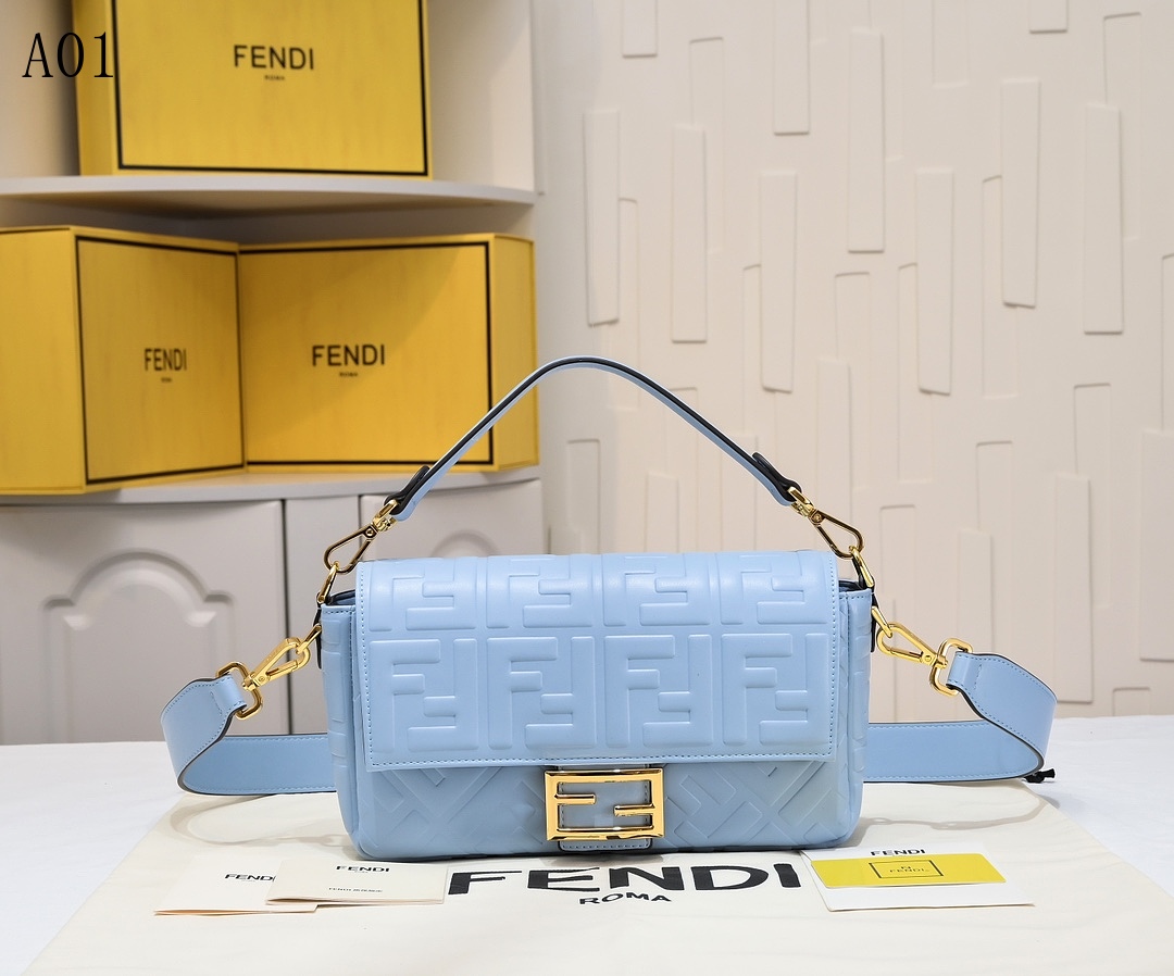 FENDI – Baguette – Light Blue FF Embossed Leather Shoulder Bag #1324