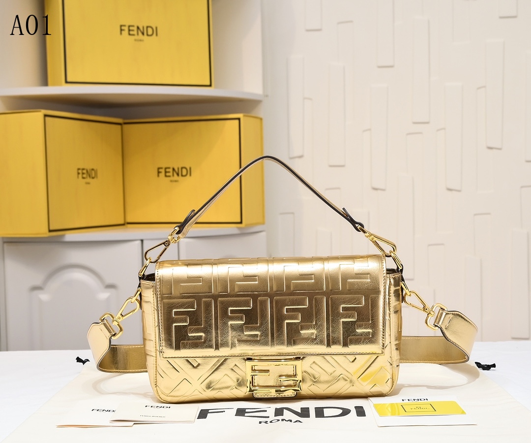 FENDI Baguette Metallic Gold FF Logo Shoulder Bag #1323