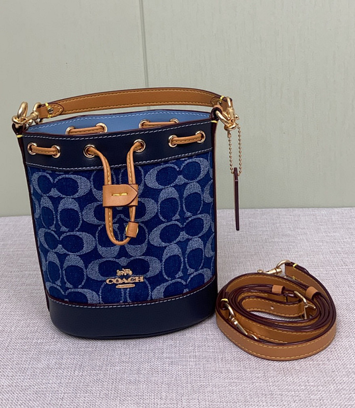 Coacch CY740 Mini Denim Bucket Bag Blue Tan Leather - premium bag at SunToteBag