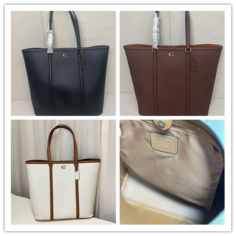 Coacch CU056 Classic Tote Bag in Navy, Brown, and White with Tan Trim