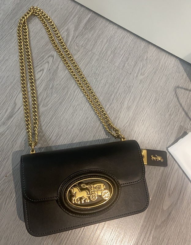 Coacch Harper CAS82 Black Leather Crossbody Bag with Gold Horse Carriage