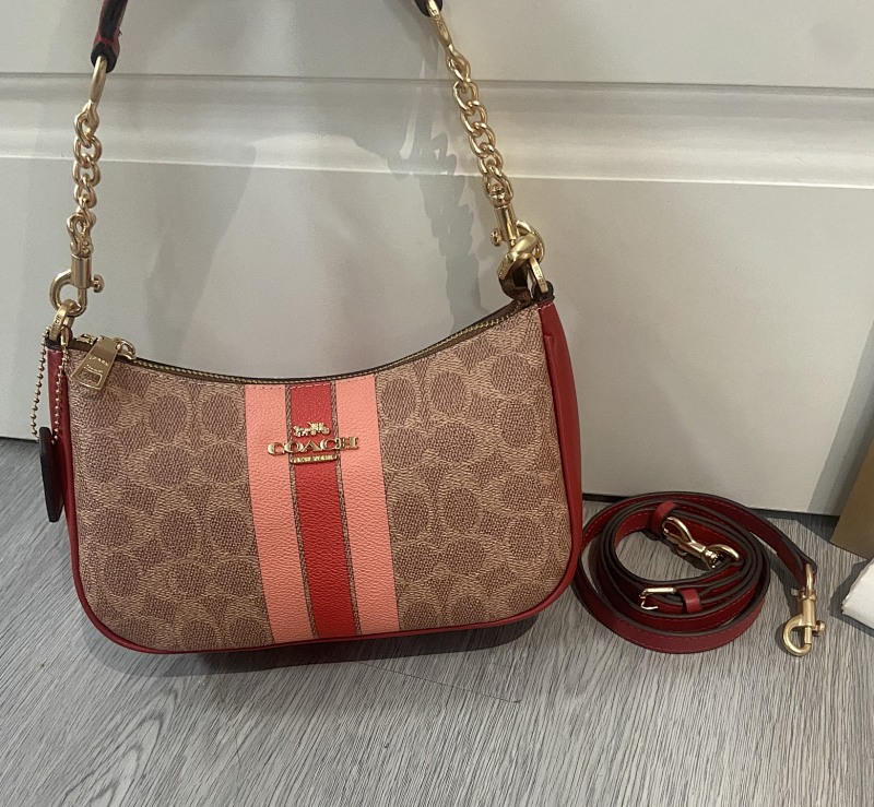 Coacch CAL81 Signature Stripe Crossbody Bag in Caramel and Coral