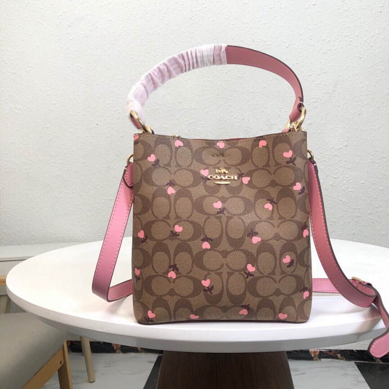 Coacch 3238 Heart Print Bucket Bag Pink Brown