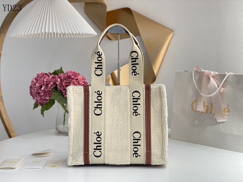 Chloé YD23 Woody Tote Fuzzy Lamb Shearling Tote Bag