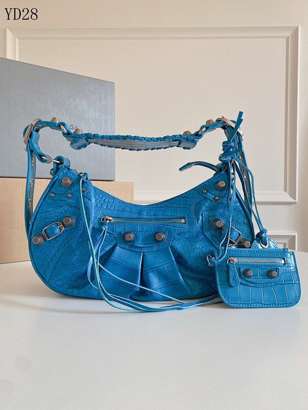 Balensiaga Le Cagole YD28 Blue Crocodile Embossed Leather Moon Bag