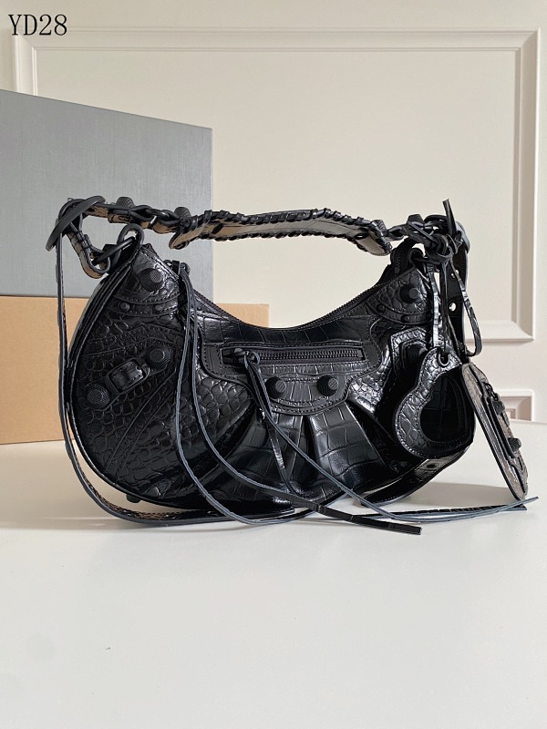 Balensiaga Le Cagole YD28 Large Black Crocodile-Embossed Leather Moon Bag