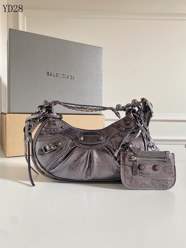 Balensiaga Le Cagole Mini Silver Crackled Leather Moon Bag