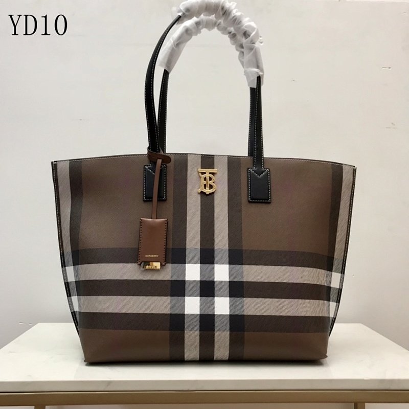 Burberyy YD1060 Tote Bag with Check Pattern and Leather Trim