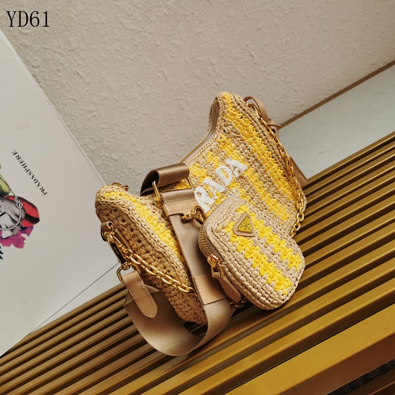 PRADA YD6178 Striped Raffia Crossbody Bag with Mini Pouch