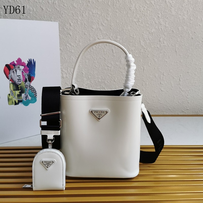Pr4da YD6183 White Leather Bucket Bag with Detachable Strap