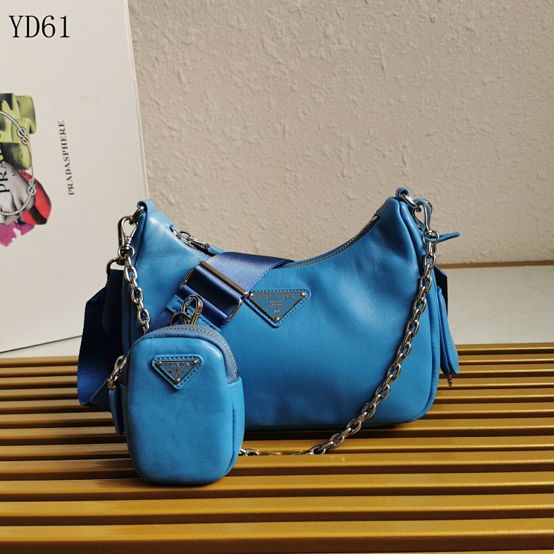 Pr4da YD61 Blue Leather Tri-Compartment Shoulder Bag