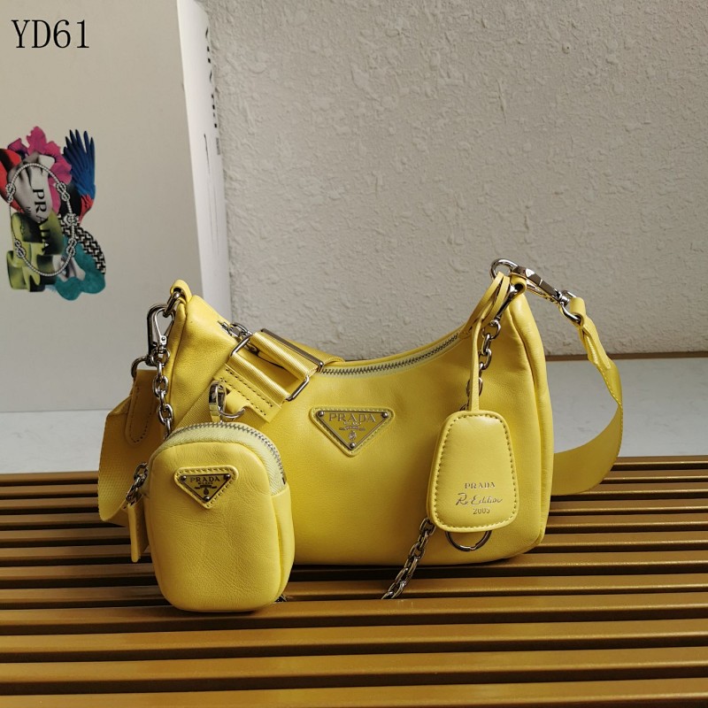 Pr4da YD61 Yellow Leather Tri-Compartment Crossbody Bag