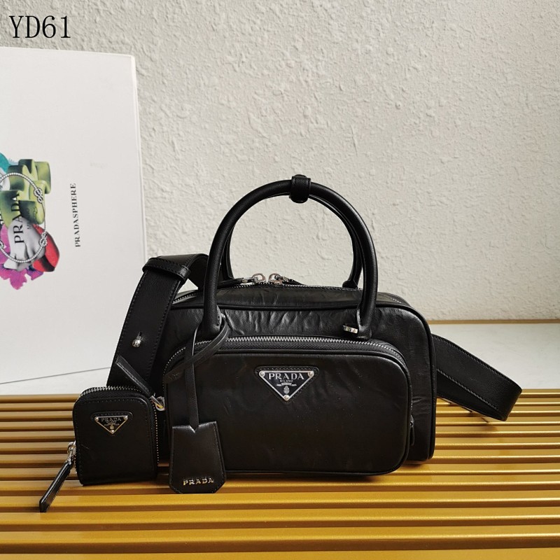 Pr4da YD61 Black Leather Duffle Bag
