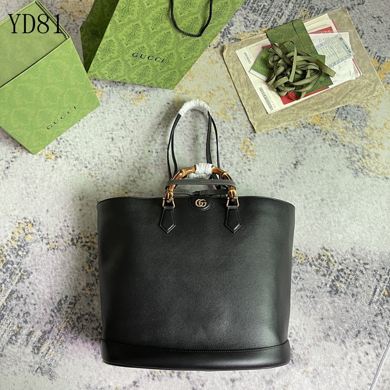 Gucc1 YD81 Tote Bag Black Leather Bamboo Handle