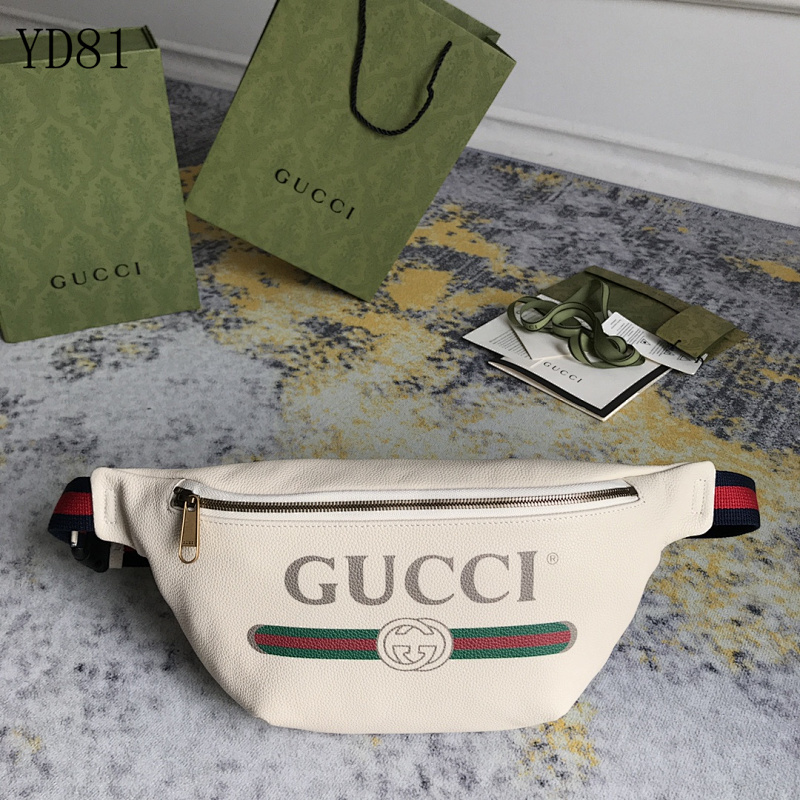 Gucc1 YD8138 Belt Bag White Leather with Web Stripe