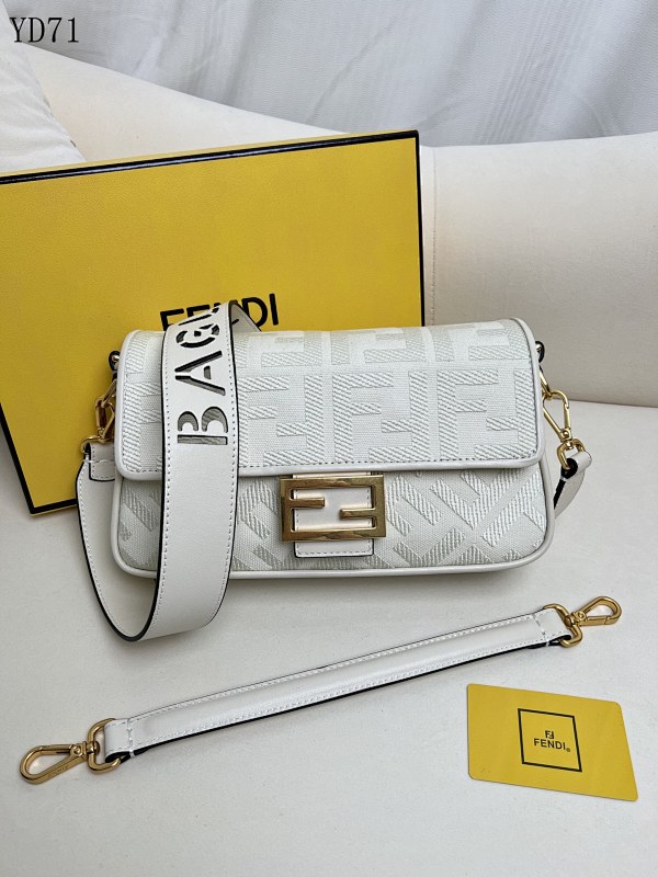 F3ndii YD71065 White FF Logo Embossed Leather Shoulder Bag
