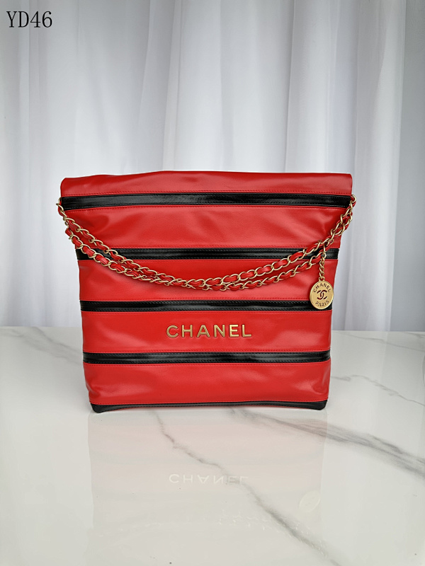 CHANELL YD46073 Red Leather Tote Bag with Black Stripes