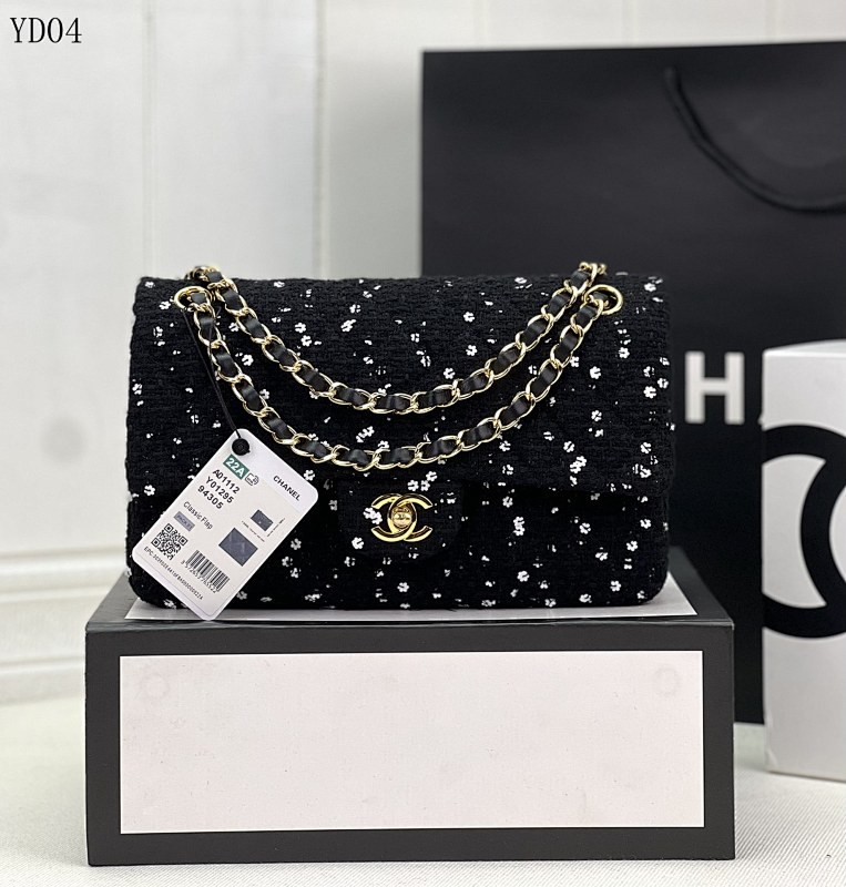 CHANELL Classic Flap Bag Tweed Black with White Flowers