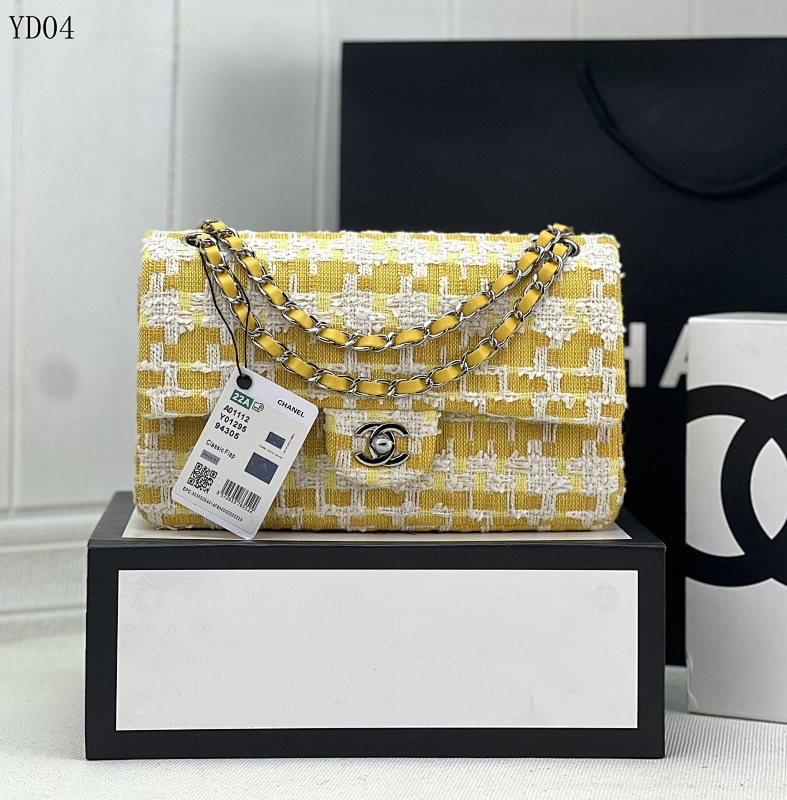 CHANELL 1112 Yellow Tweed Flap Bag